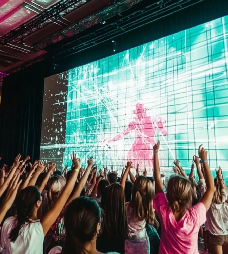 Grupa ludzi sterująca postacią w grze za pomocą ruchu swoich ciał, w ramach atrakcji Human Joystick.