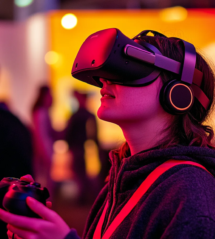 Osoba z goglami VR na głowie, zanurzona w wirtualnej rzeczywistości.