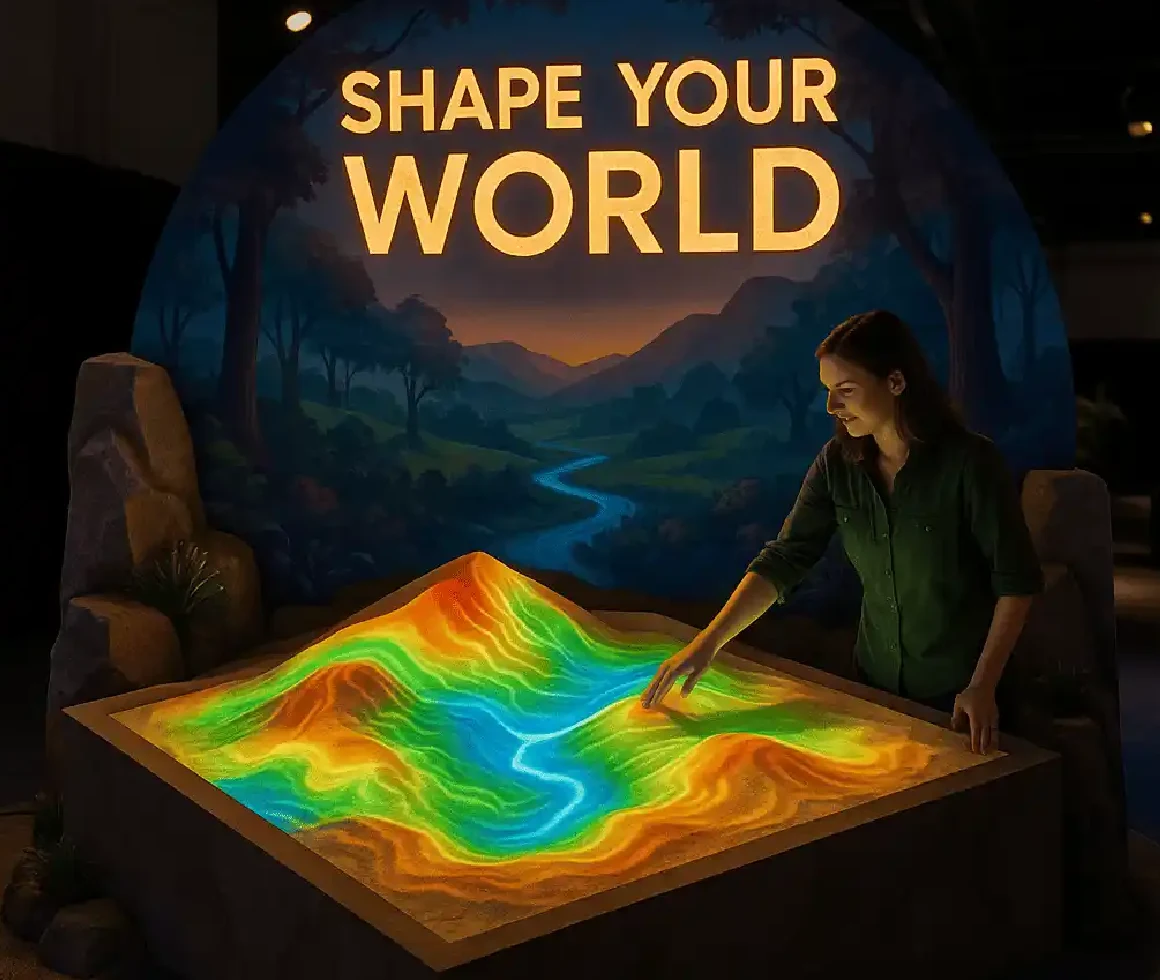 Kobieta kształtująca teren w interaktywnej piaskownicy AR. Projektor wyświetla na piasku kolorową mapę hipsometryczną, pokazując góry i rzekę. W tle eksponatu widnieje podświetlany napis SHAPE YOUR WORLD