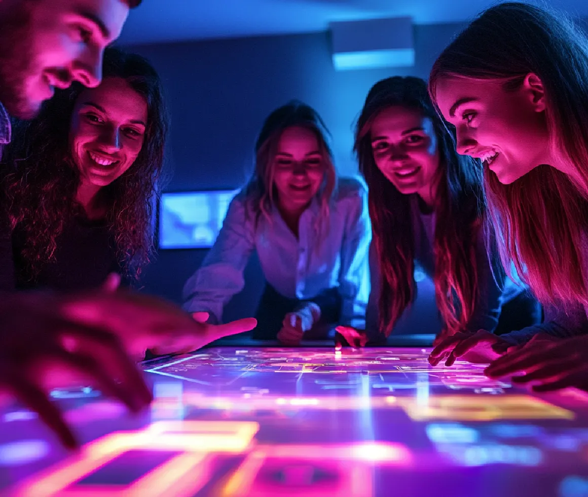 Grupa osób współpracująca przy interaktywnym stole multi-touch. Uczestnicy dotykają świecącego ekranu, który oświetla ich twarze neonowym, fioletowym światłem w ciemnym pomieszczeniu.