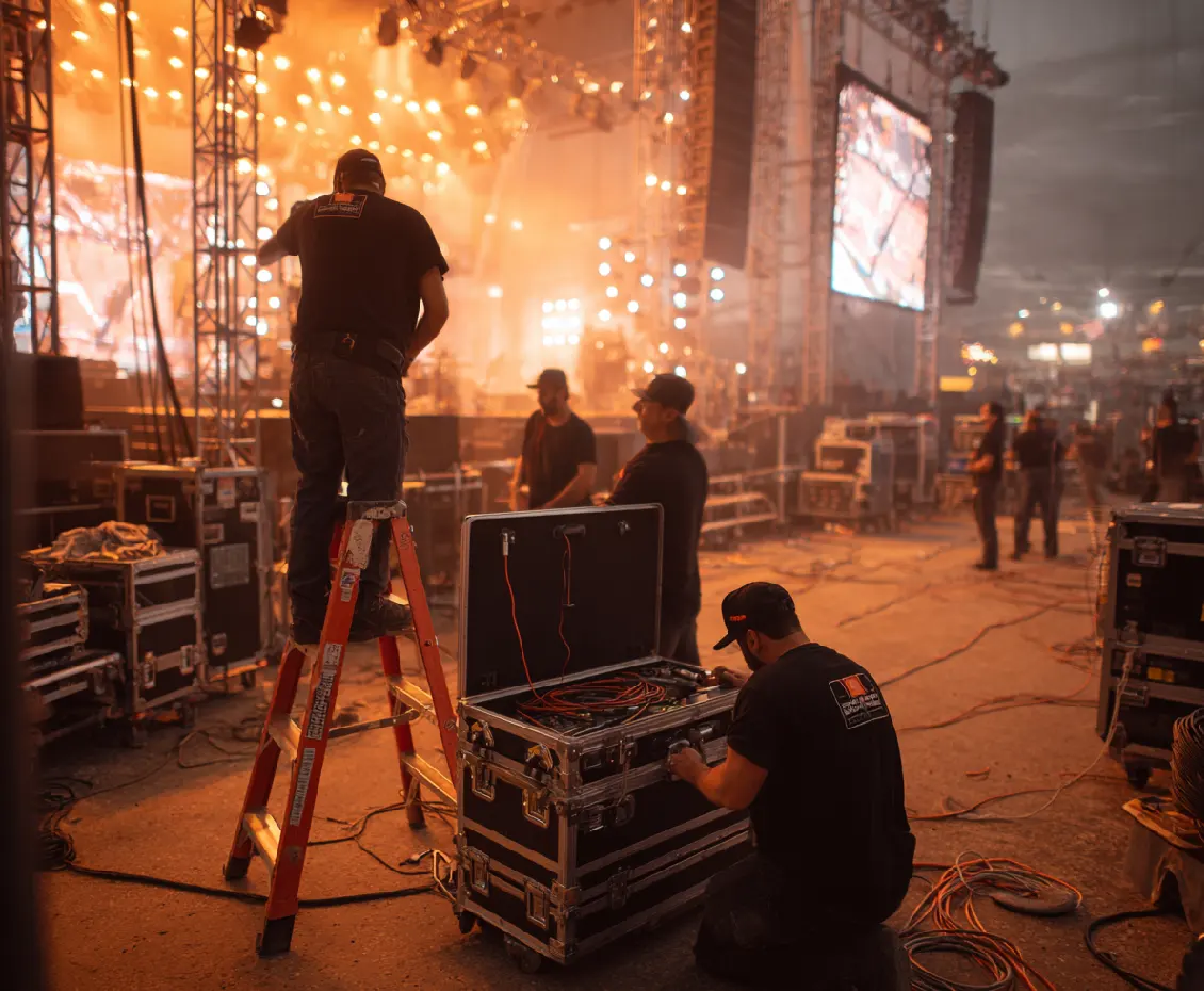 Technicy MultiSkill transportujący sprzęt eventowy