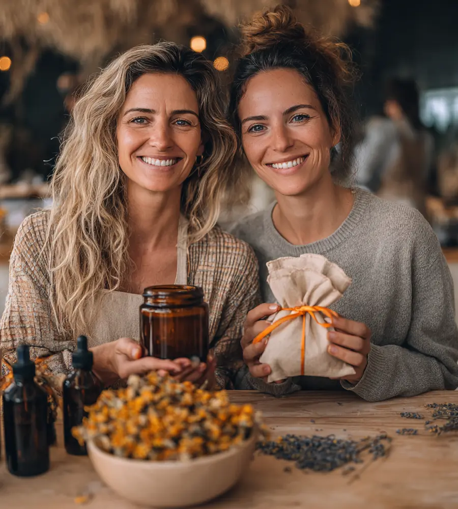 Estetyczna kompozycja przedstawiająca ręcznie robione mydło, świecę sojową i woreczek zapachowy w otoczeniu naturalnych składników.