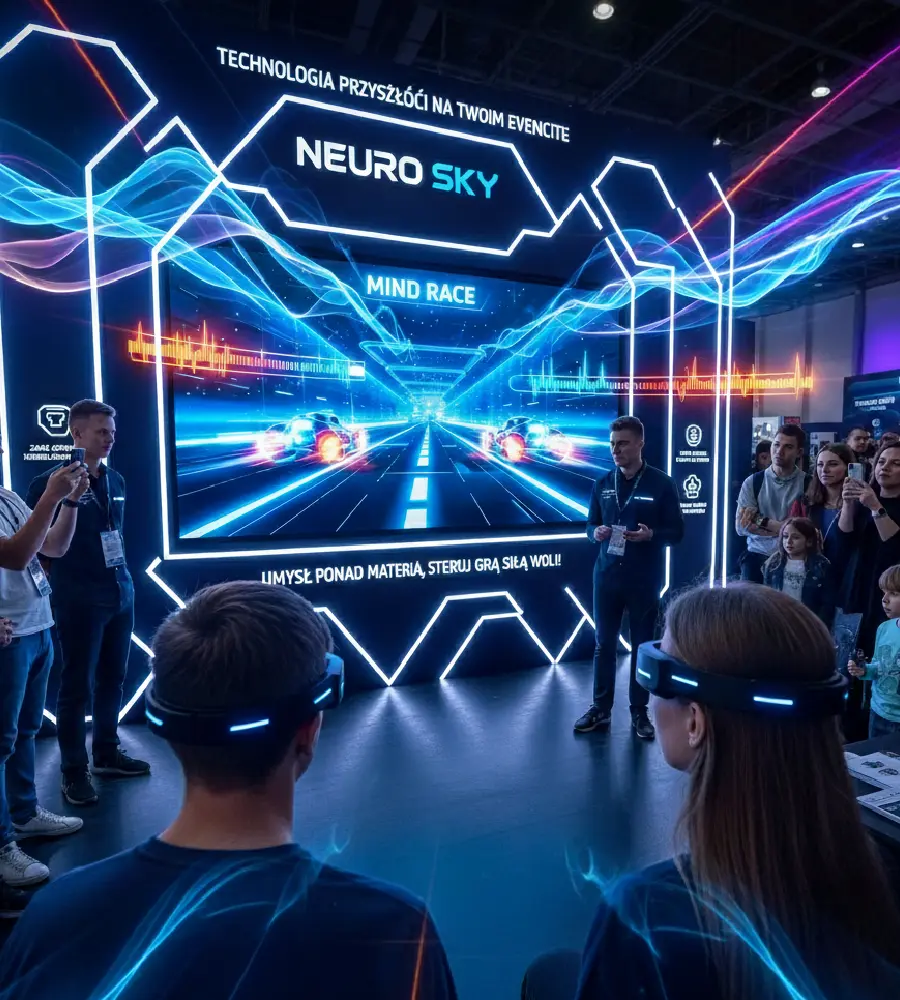 Uczestnik eventu z założonym na głowę czujnikiem Neuro Sky, skupiony na sterowaniu grą za pomocą myśli.