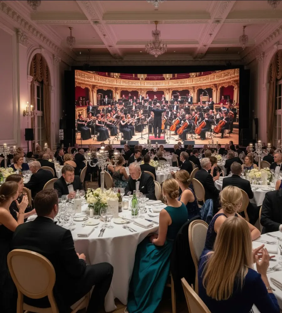 Goście na eleganckiej gali oglądają na ekranie koncert orkiestry symfonicznej.