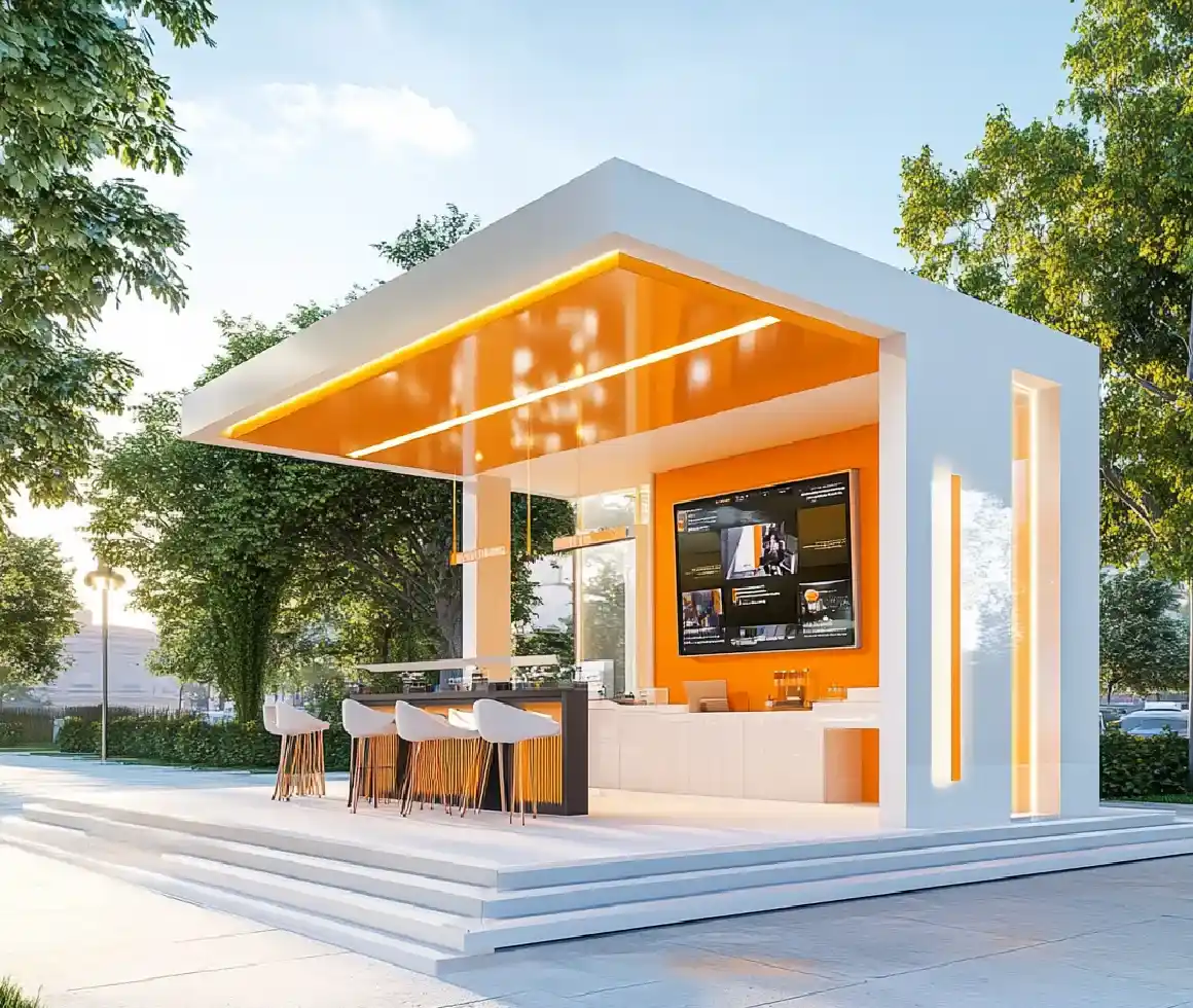 Nowoczesne stoisko targowe w plenerze. Designerska, biało-pomarańczowa zabudowa wystawiennicza premium, wyposażona w duży ekran multimedialny, oświetlenie LED i strefę barową z hokerami.
