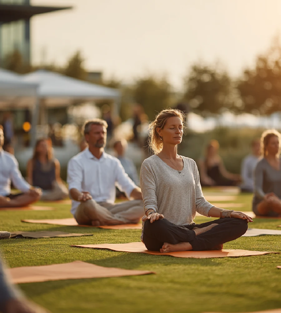 Grupa osób w wygodnych strojach, siedząca na matach do jogi.